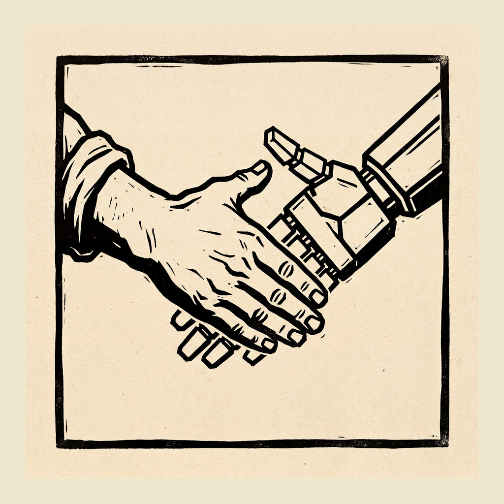 A human hand and a clanker hand meeting