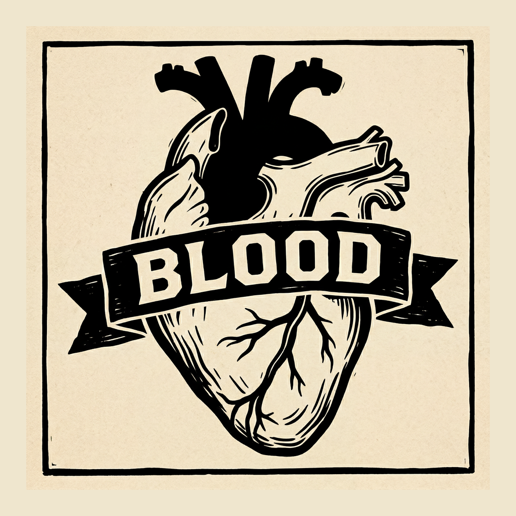 An anatomical heart with a banner reading BLOOD