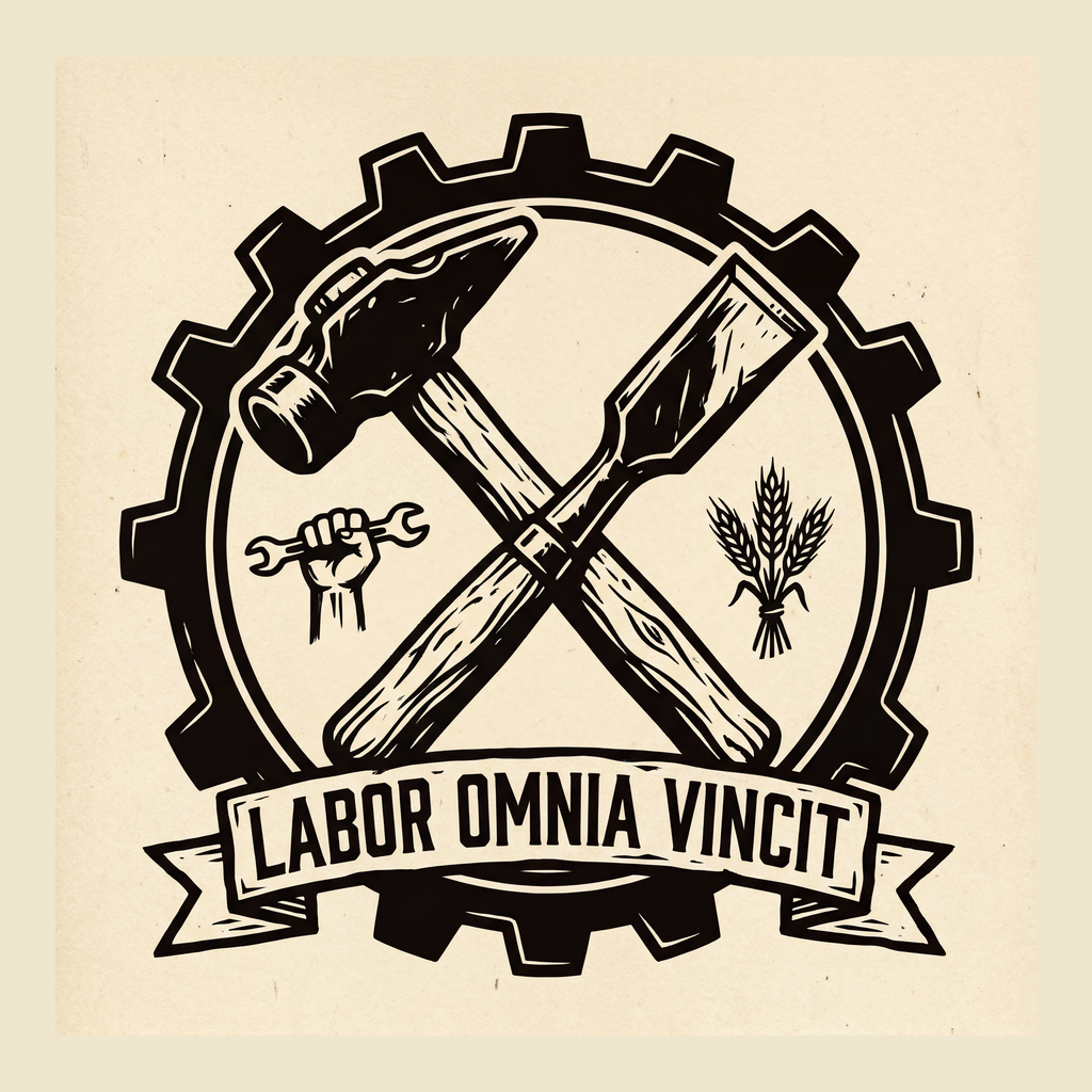 Crossed hammer and chisel inside a gear, banner reading LABOR OMNIA VINCIT