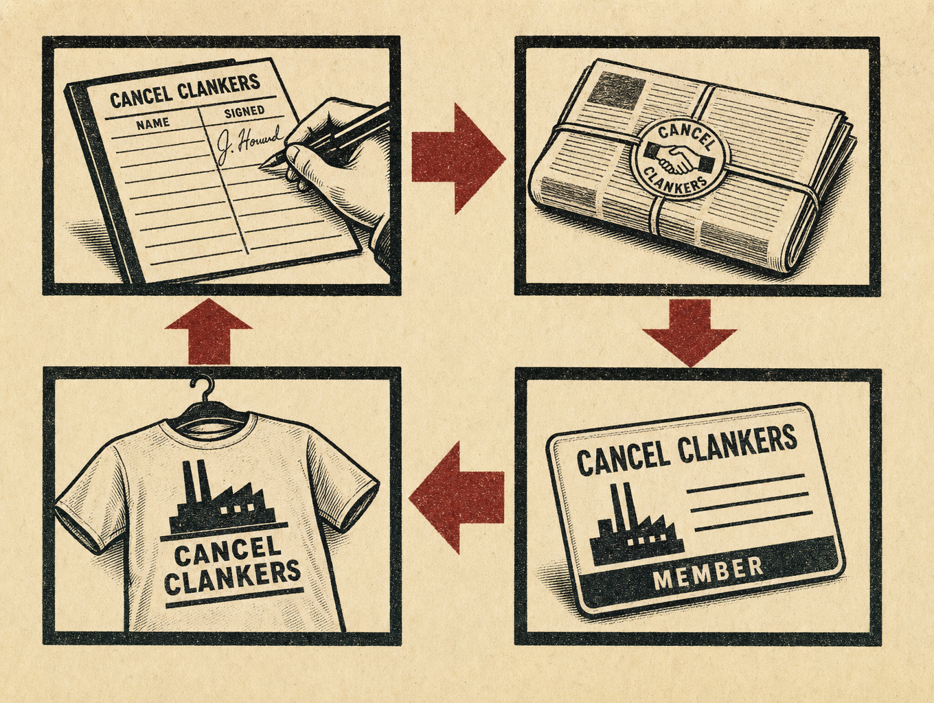 The Cancel Clankers loop — sign the Roster, read the Dispatch, become a Cell member, wear the merch